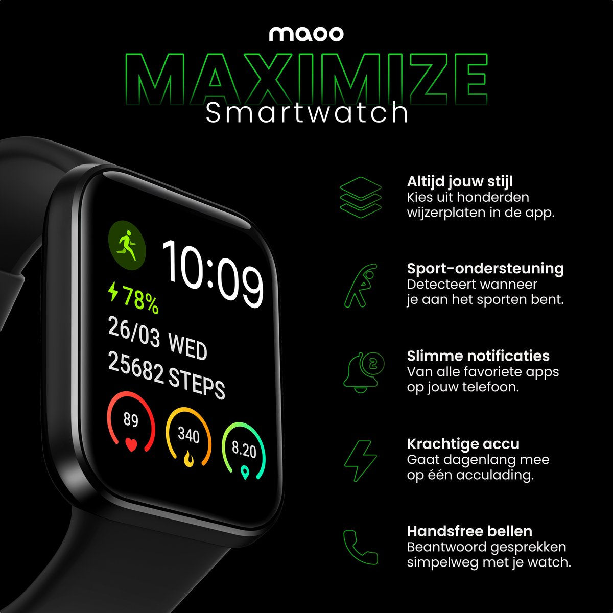 Maoo Maximize Smartwatch Dames en Heren Zwart